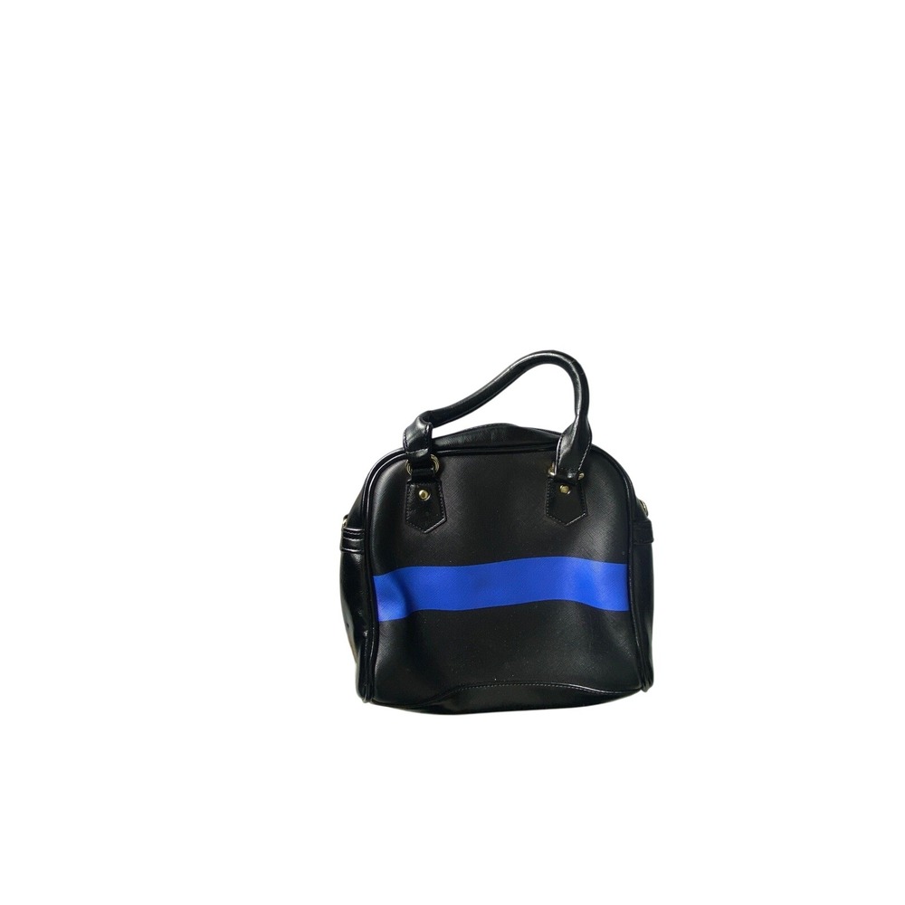 Black Satchel Handbag Blue Stripe Top Handle Shoulder Bag